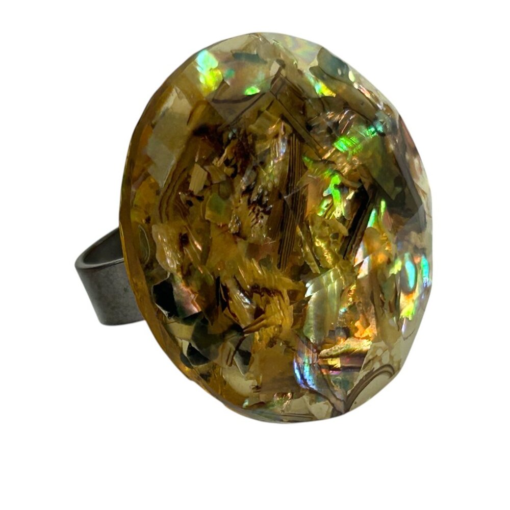 Chunky Statement Ring Size 8 Large Iridescent Gold Color Resin Cocktail Jewelry